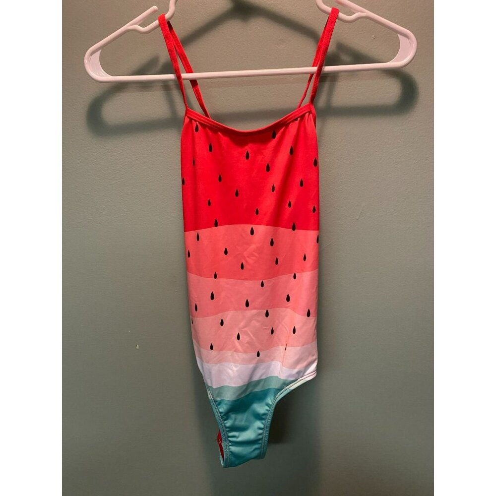 Girls Watermelon Print Swimsuit With UV Protection, Pink Platinum Size 14/16 Red